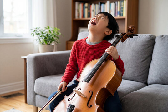 Expressive young asian boy singing while playing cello on living room sofa