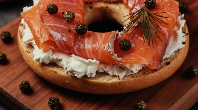 Bagel with cream cheese, smoked salmon, capers, and dill on a wooden board. Fresh seafood, dairy, and baked good makes a tasty breakfast or brunch meal.