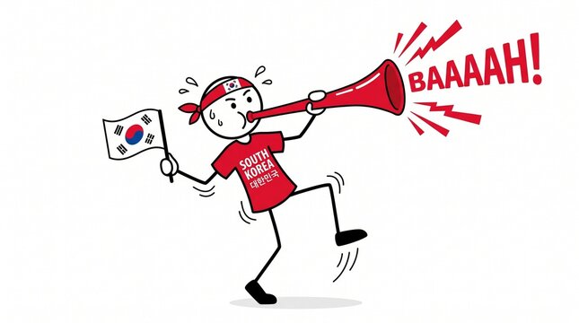 Stick figure South Korea soccer supporter blowing a red cheering horn