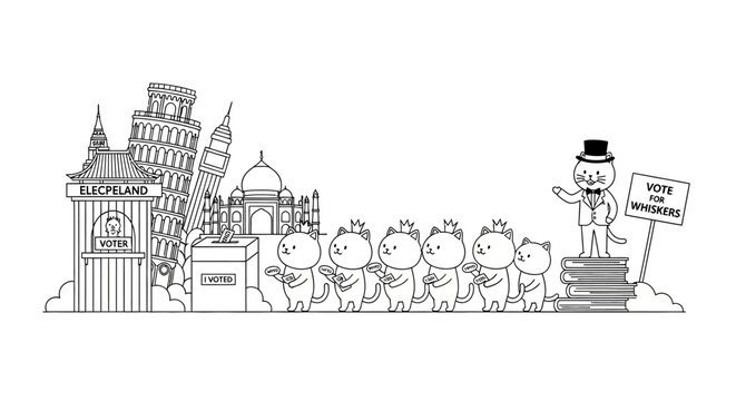 Whimsical Cats Voting with Famous World Landmarks