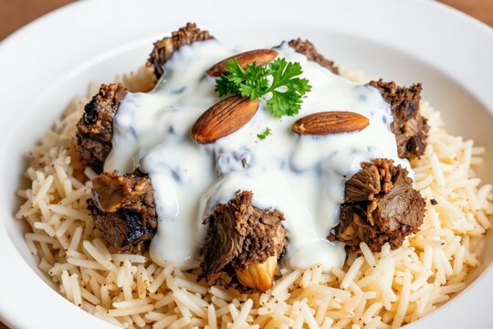Jordanian mansaf dish features lamb pieces over white rice. Generous yogurt sauce is drizzled on top. Toasted almonds and fresh parsley garnish add visual appeal.