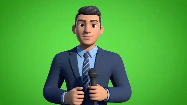 Animated male news anchor or presenter speaking into a microphone on a green screen background