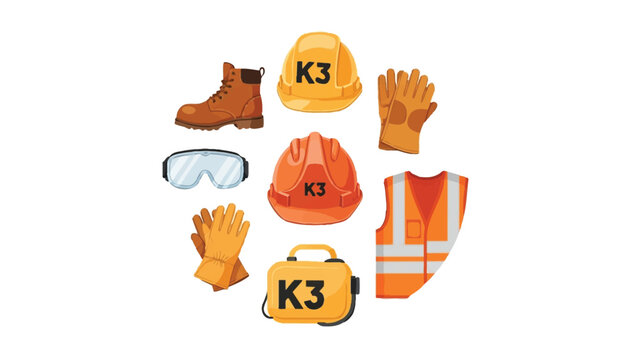 Industrial Safety Equipment and PPE Set Illustration - Construction Personal Protective Gear with K3 Labels