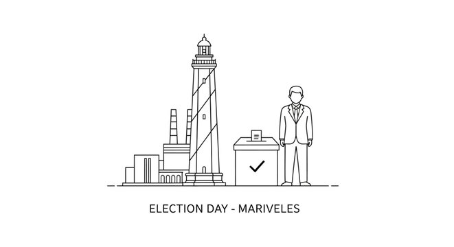 Man Casting Ballot with Coastal Industrial City Skyline
