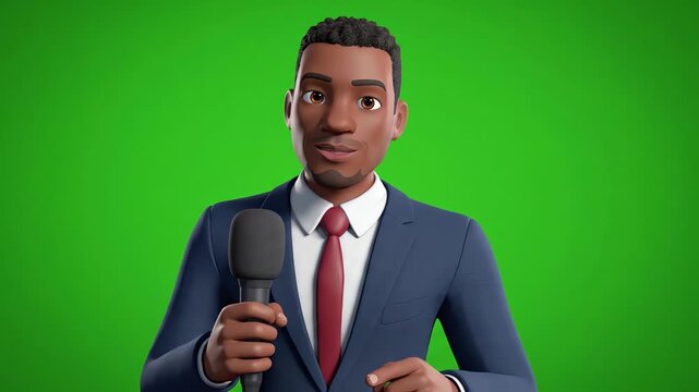 Animated news anchor speaking into microphone on green screen background for broadcast or presentation