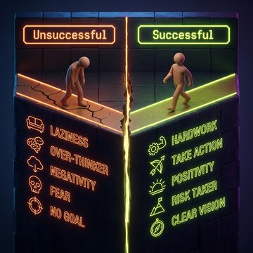 Successful vs Unsuccessful Path Concept with Neon Signs and Clay Figures