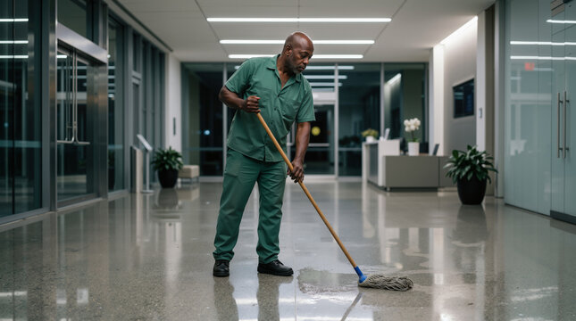 Mature Black male janitor mopping the floor in a modern corporate office. Essential worker in green uniform cleaning empty hallway. Facility maintenance and hygiene concept