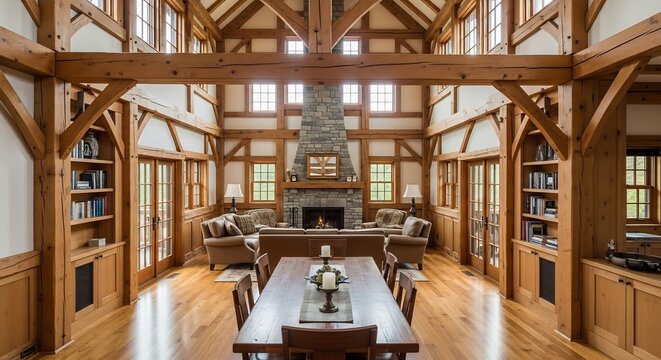 Elegant Timber Frame Interior with Fireplace and Dining Table.