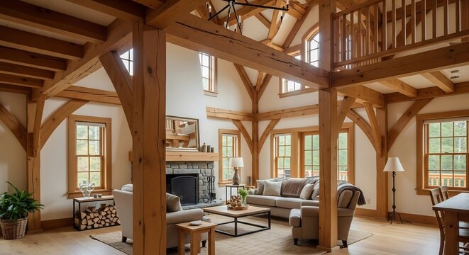 Elegant Timber Frame Home Interior with Fireplace and Windows.