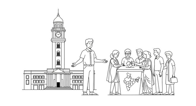 Citizens casting ballots at polling station with clock tower