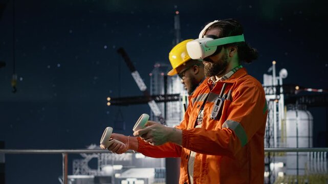Embargo slowing operations, VR headset and offshore platform workers monitoring fuel shortages while evaluating production during oil crisis, virtual reality and drilling rig colleagues.