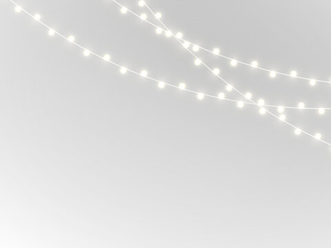 Glowing neon Christmas lights PNG for festive decoration design. Bright garland with LED sparkle and warm holiday mood. Transparent vector overlay for banners.

