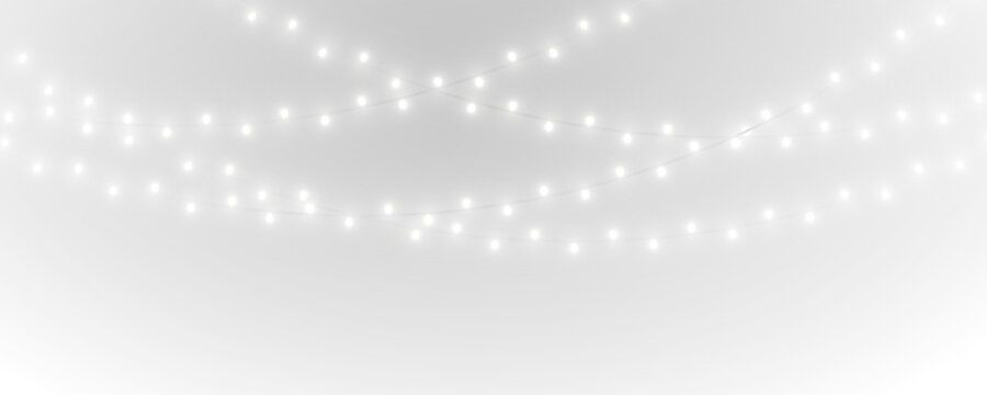 Elegant Christmas garland lights PNG with warm glow. Festive neon string lights for holiday decor banners. Transparent PNG overlay Christmas lights with sparkle