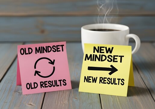 Fresh coffee cup with steam beside sticky notes showing mindset shift from old to new results on wooden table background