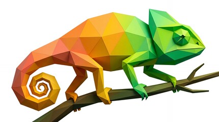 Fototapeta premium Rainbow colored low poly chameleon on a branch.