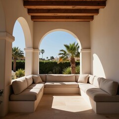 Obraz premium Terrace with beige sofa and arches overlooks green garden with palm trees. Outdoor living space features comfortable seating area and sunny patio floor. Relaxing vacation spot.