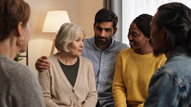 Diverse people listening to senior woman talking indoors