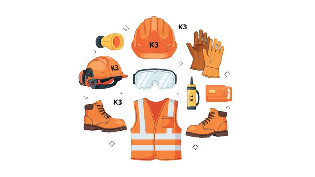 Personal Protective Equipment PPE and K3 Safety Gear Illustration Set for Industrial Construction and Workplace Health