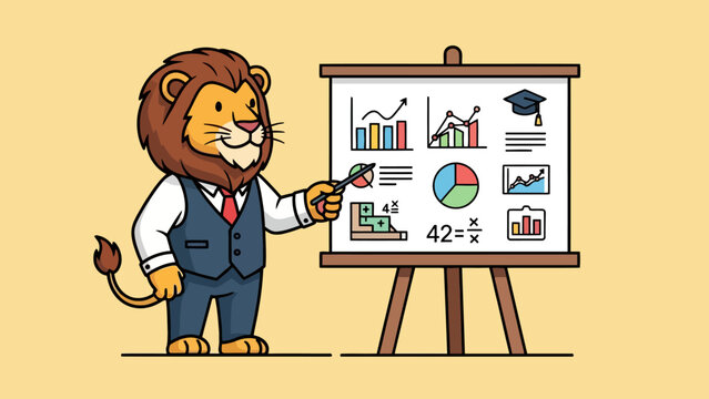 Cartoon lion in a suit points to a whiteboard with math and charts