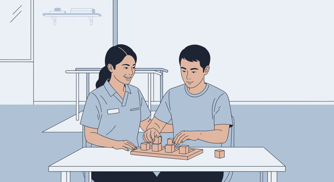 Rehabilitation therapy, patient and therapist working with blocks