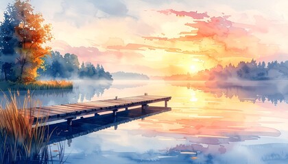 Fototapeta premium 湖畔の斜め桟橋と癒しの水彩背景