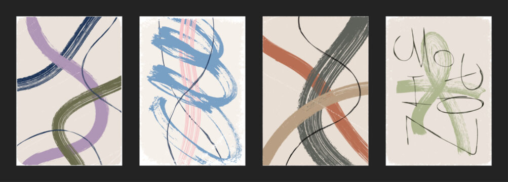 Muted Neutral Abstract Brushstroke Poster Set. Wall art abstract posters in gallery style. Brushstroke pattern decorative print with  curves, lines and minimalist Boho style. Vector graphic set