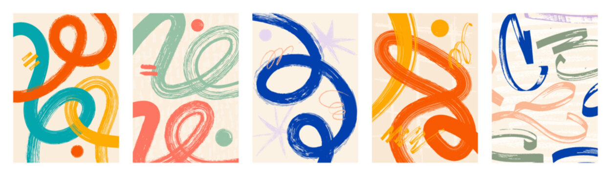 Colorful Abstract Brushstroke Poster Background Set. Modern abstract background set with colorful brushstroke pattern, textured posters, playful curves, swirls, loops and contemporary style. Vector