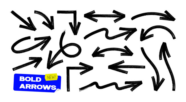Bold Hand Drawn Arrow Set on White Background. Bold arrows set for direction and highlight with hand draw pointer, navigation sign, vector graphic symbols, doodle marker arrows. Vector graphic set