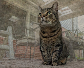 Obraz premium Composite image of a brown tabby cat with green eyes sitting proudly, overlaid with a textured, painterly effect showing a home patio porch, brick wall, and outdoor chairs in a muted, artistic fine-ar