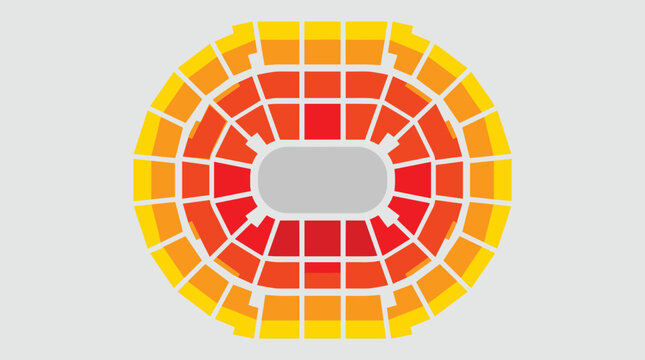 Top view of a stadium seating chart with concentric rows of seats in red orange and yellow colors seat plan, Generative AI.