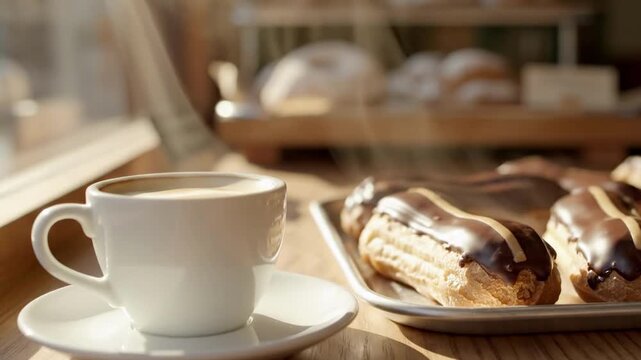 Eclairs with morning coffee on a sunlit wooden counter, white cup and saucer beside a tray of chocolate glazed pastries, soft bakery background, warm steam and relaxed morning cafe atmosphere