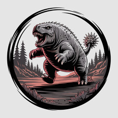 Dinosaur standing on rock formation. © frame
