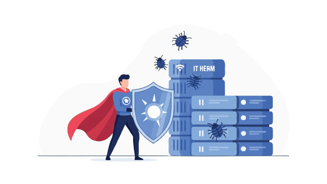 Cybersecurity Superhero Protecting Data Center Servers from Malware Bugs Illustration