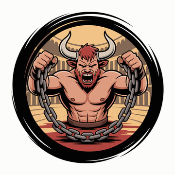 Muscular cartoon bull breaking free chains.