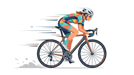 Fototapeta premium A woman cycling at high speed, wearing a colorful cycling suit and helmet. Her body is leaning forward, showing determination and effort