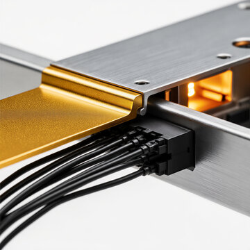 Shallow depth of field macro shot of industrial rigid gap between golden metal plating and a brushed silver aluminum support bar, featuring an array of black electronic data lines neatly crimped