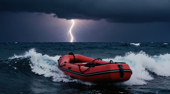 Red life raft bobs on rough sea waves during storm. Lightning strikes in dark cloudy sky. Maritime survival and danger depicted in dramatic ocean scene.