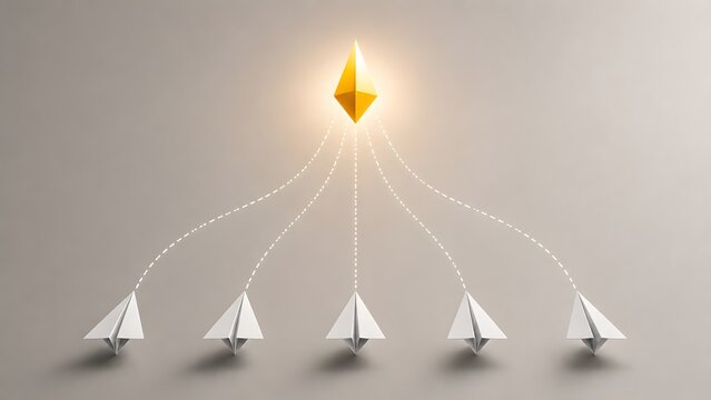 Golden glowing crystal arrow leading white paper planes with dashed trajectory lines, symbolizing leadership, innovation, and strategic direction
