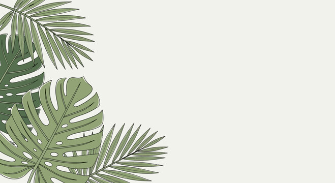 Green tropical leaves illustration on a cream background with copy space
