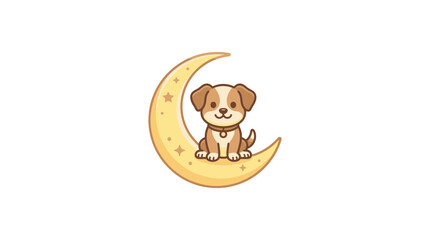 Cute cartoon dog sitting on a crescent moon with stars, white background © Kopi