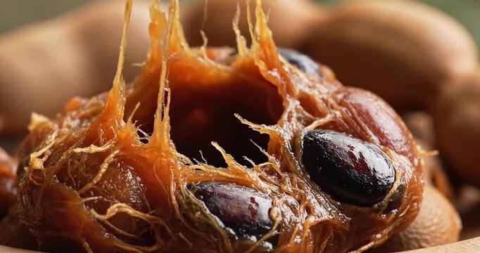Sticky fresh tamarind fruit flesh being pulled apart with seeds visible