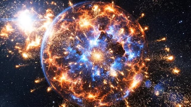 Glowing cosmic energy sphere with blue and orange plasma fire effects exploding in deep space. Dramatic sci-fi planetary explosion background with vibrant sparks and starry nebula galaxy.