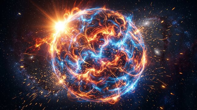 Glowing cosmic energy sphere with blue and orange plasma fire effects exploding in deep space. Dramatic sci-fi planetary explosion background with vibrant sparks and starry nebula galaxy.