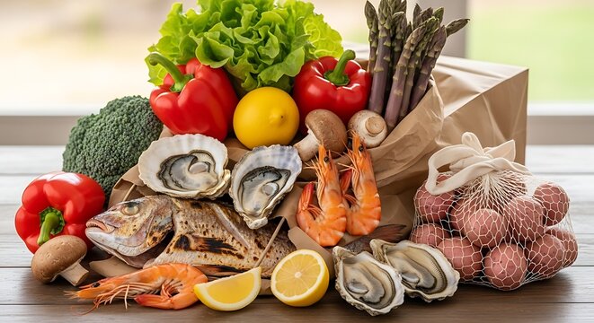 Fresh seafood and vegetables on wooden table with brown paper bag
