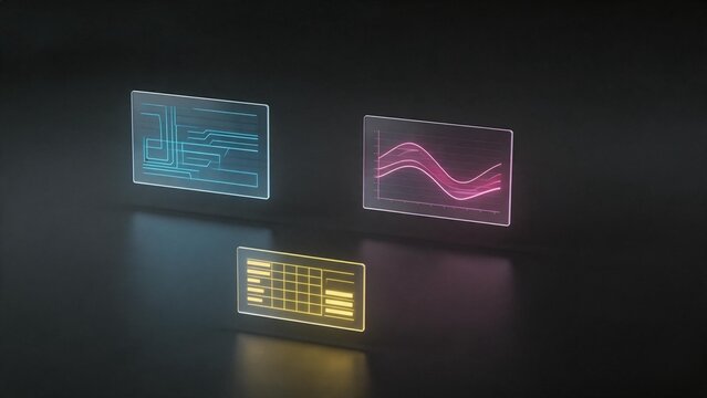 Three glowing digital screens on dark surface