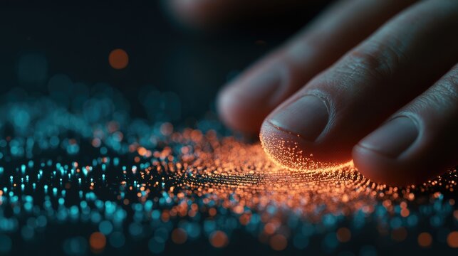 Close-up of a Hand Interacting with Glowing Digital Data Streams.
