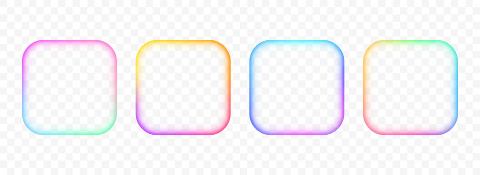 Iridescent rainbow gradient square frame set. Blurred vivid rounded rectangle border collection. Vibrant color banner element pack. Bright colorful bubble box template bundle. Vector