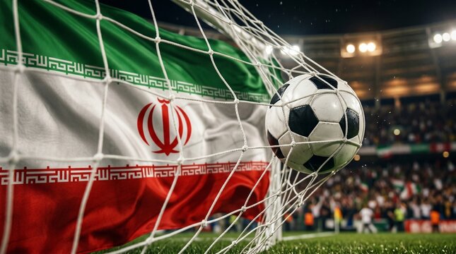Soccer ball hitting the back of the net with the flag of Iran in the background during a match in a crowded stadium at night
