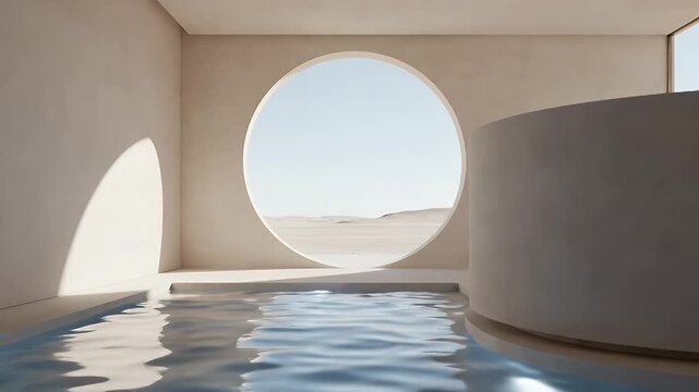 Indoor Minimalist Pool Hall Featuring Circular Ocean View Aperture and Soft Light