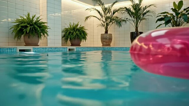 Indoor hotel pool surrounded by lush potted palms and a pink inflatable ring